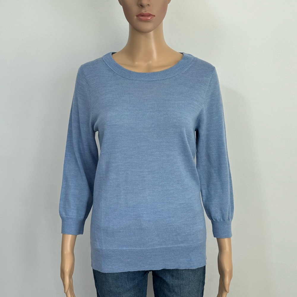 J. Crew 100% Merino Wool Classic Crew Neck Sweater 3/4 Sleeve Light Blue Size M